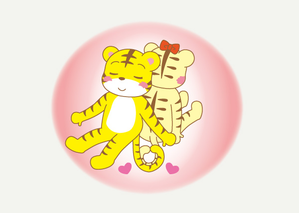年賀ハガキのイラストコンペで採用された、トラの子とトラの女の子の背中合わせのイラスト